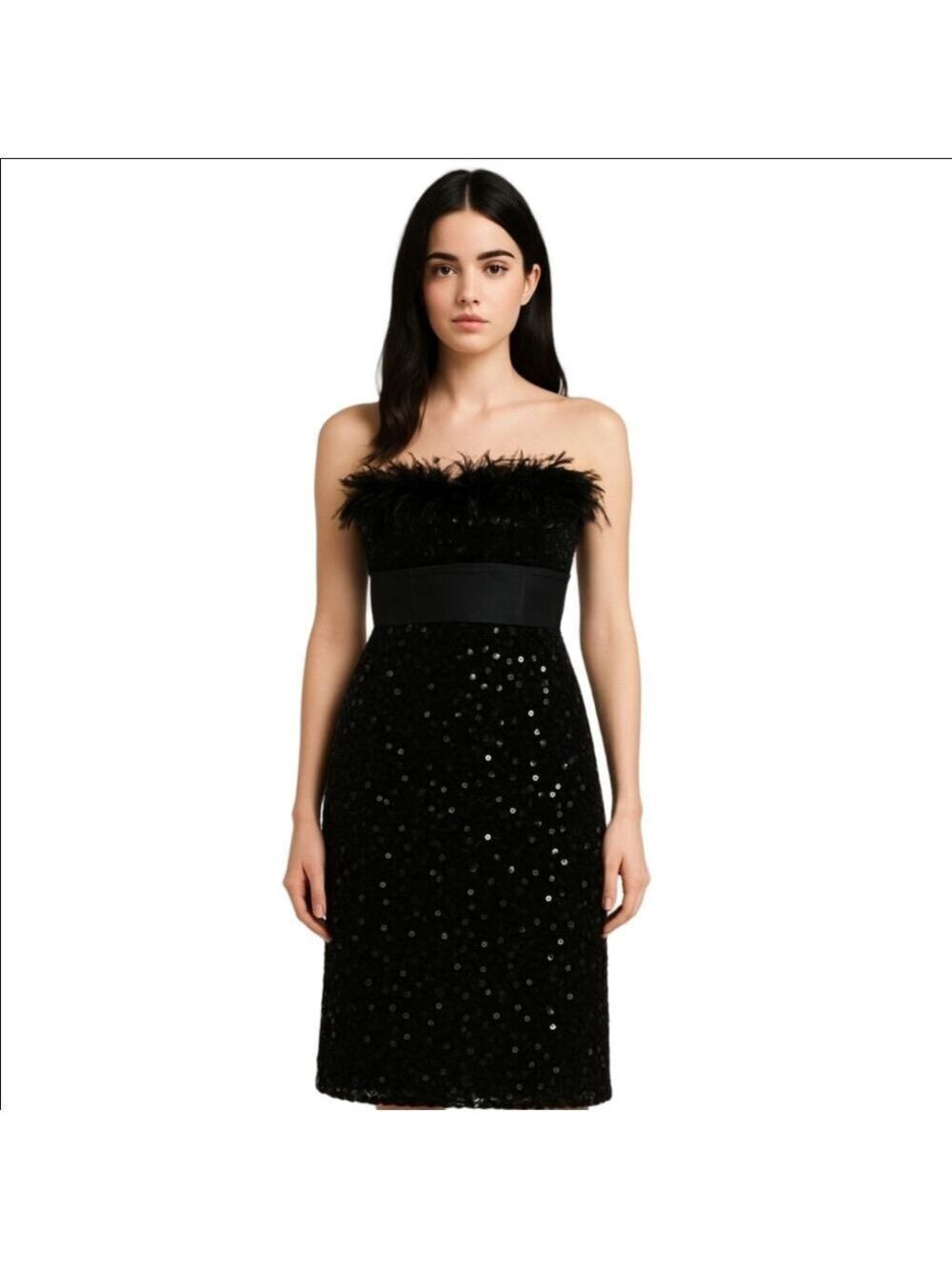 Black Strapless Dress Feather Accents